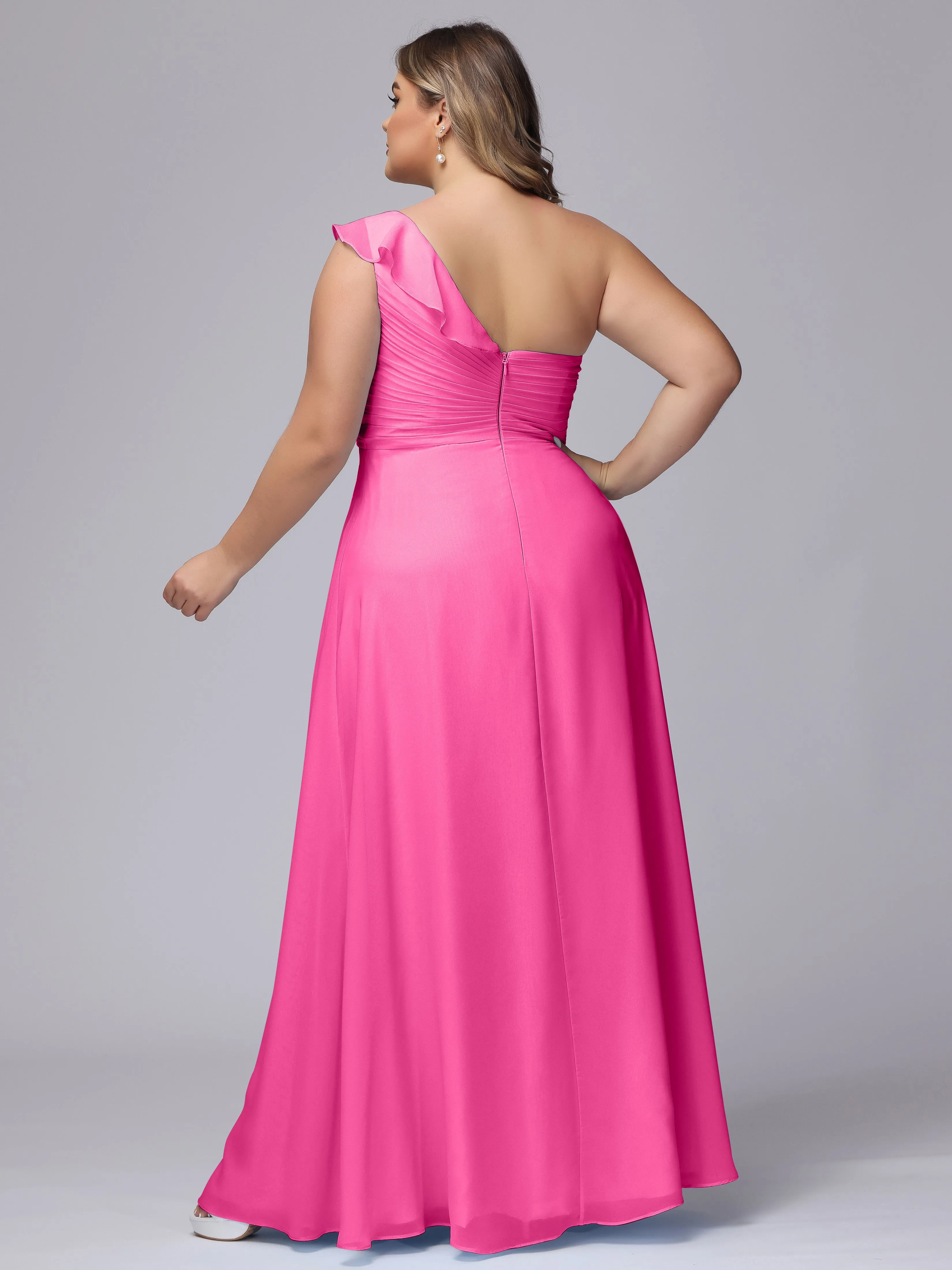 Flowy One-Shoulder Ruffles Chiffon Plus Size Bridesmaid Dresses