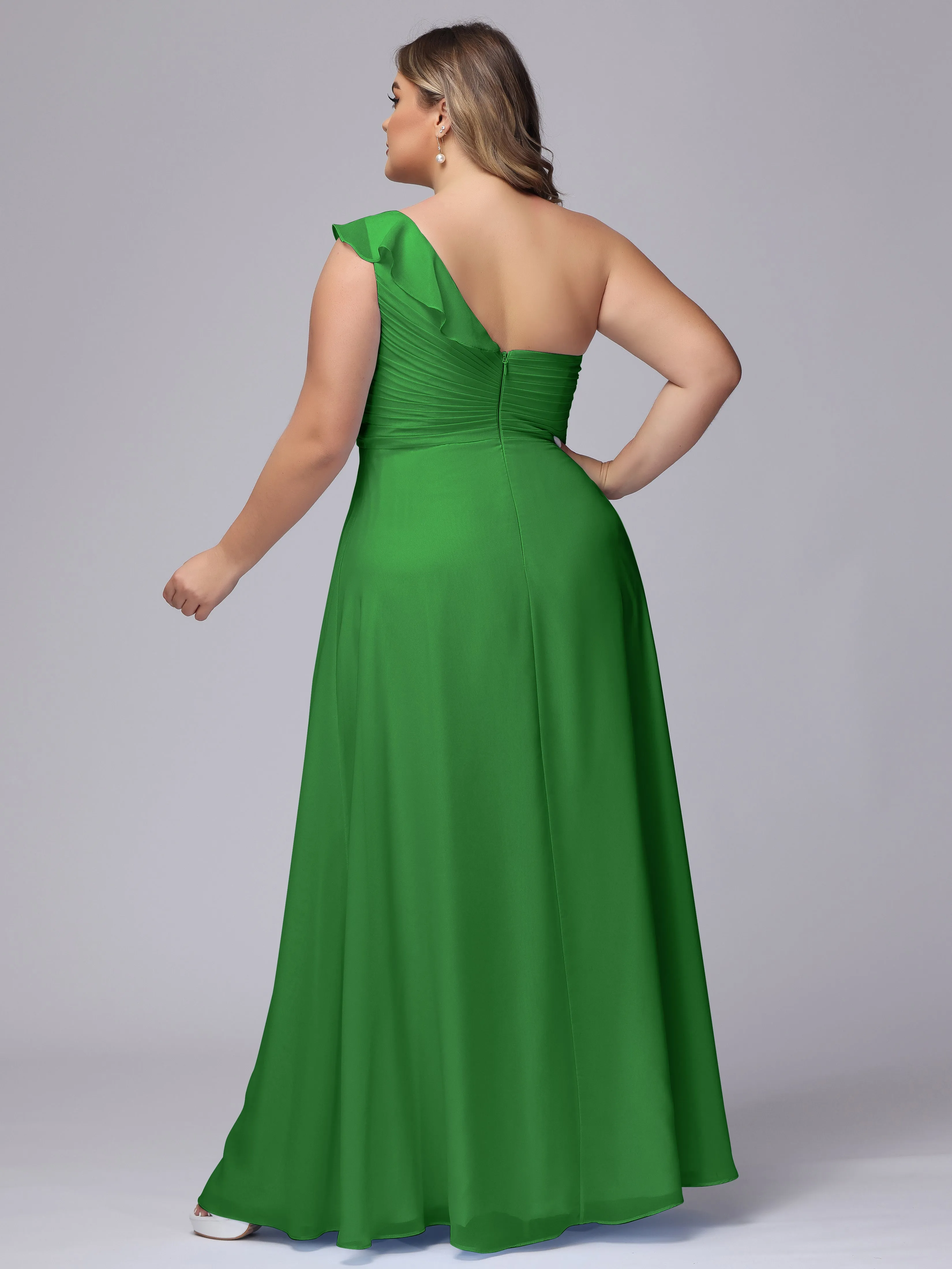 Flowy One-Shoulder Ruffles Chiffon Plus Size Bridesmaid Dresses