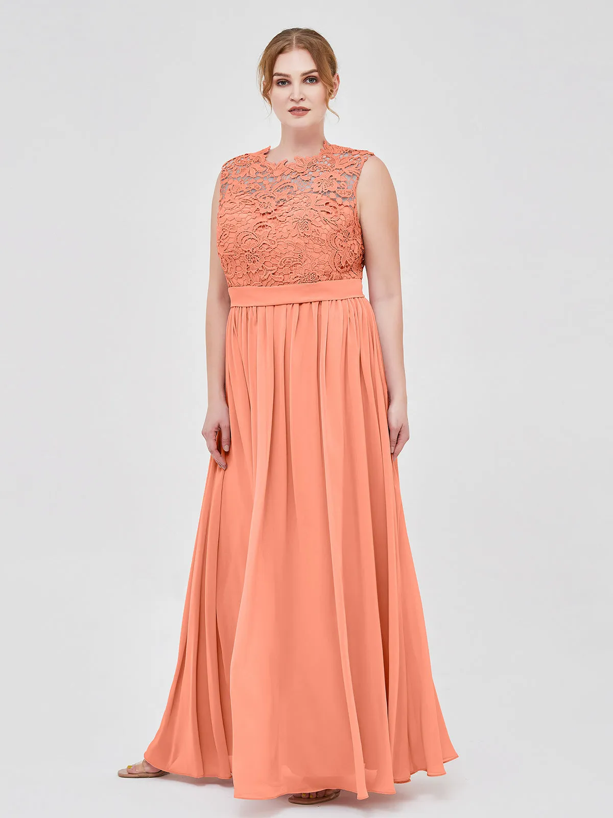 Illusion Neck Chiffon and Lace Dresses Sunset