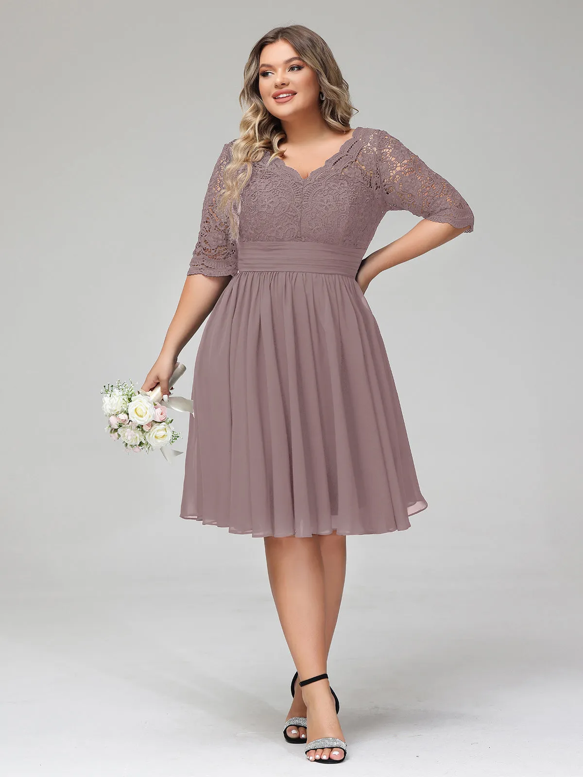Lace and Chiffon Short Dress with Half Sleeves Vintage Mauve