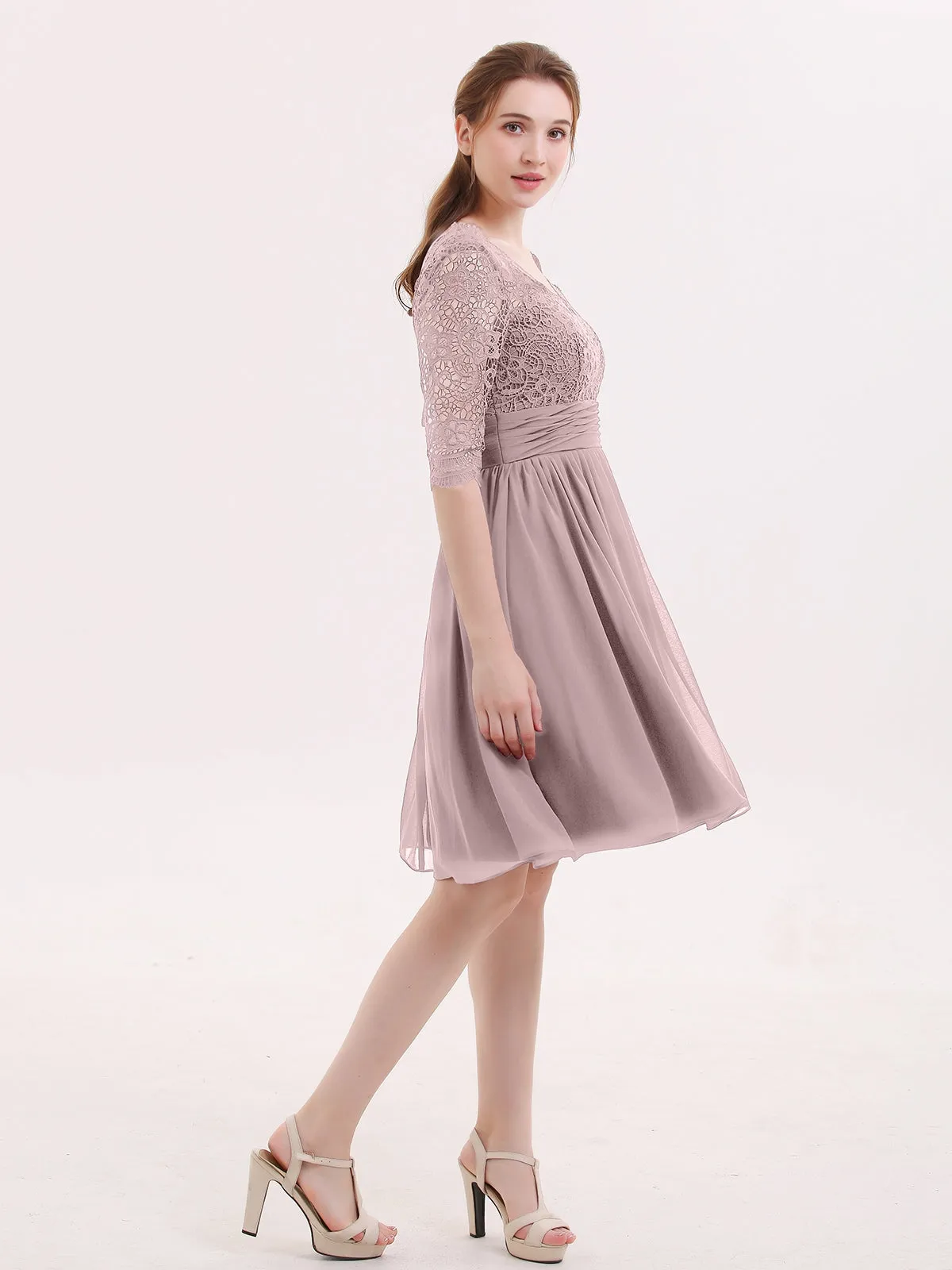 Lace and Chiffon Short Dress with Half Sleeves Vintage Mauve