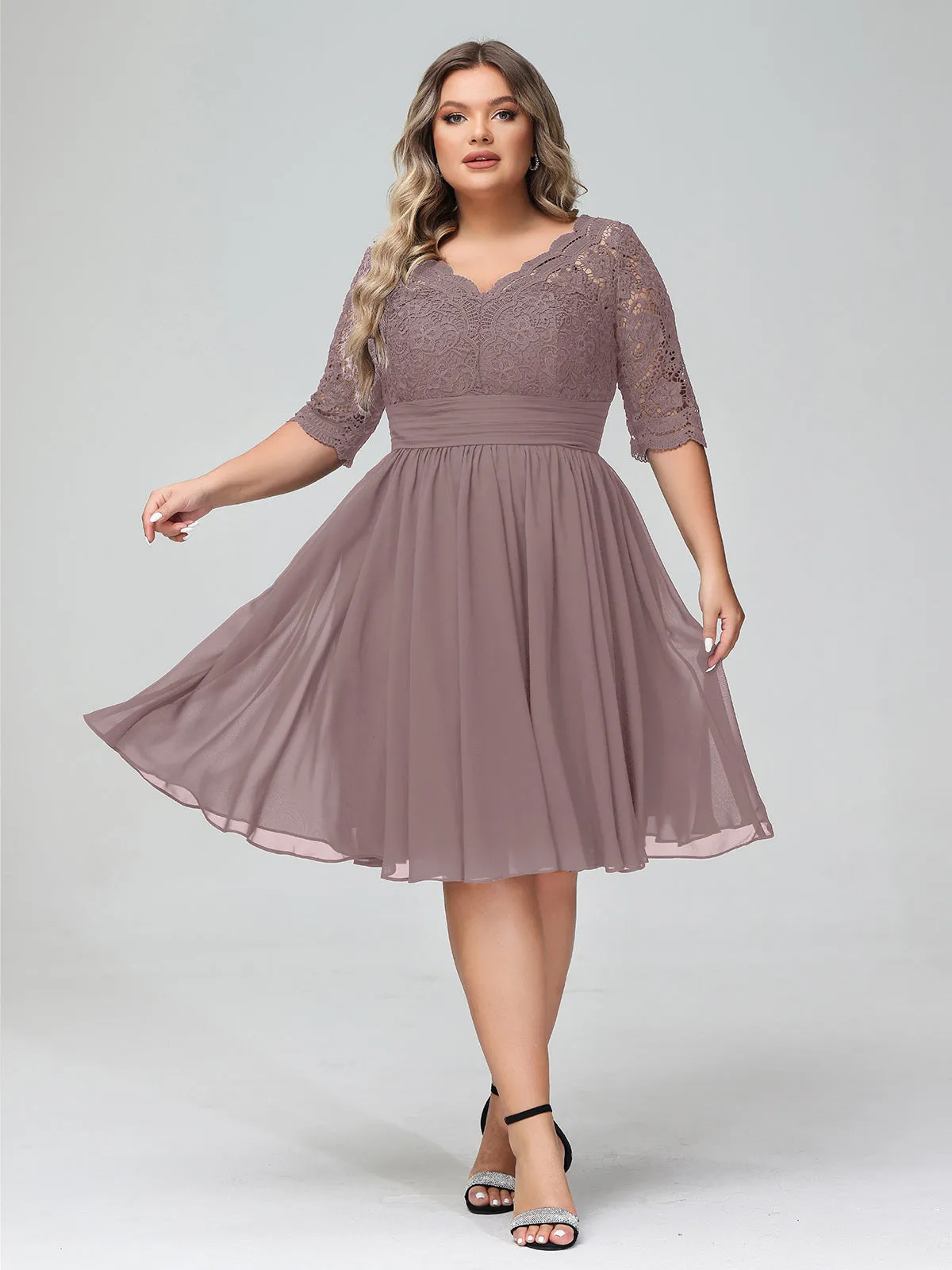 Lace and Chiffon Short Dress with Half Sleeves Vintage Mauve